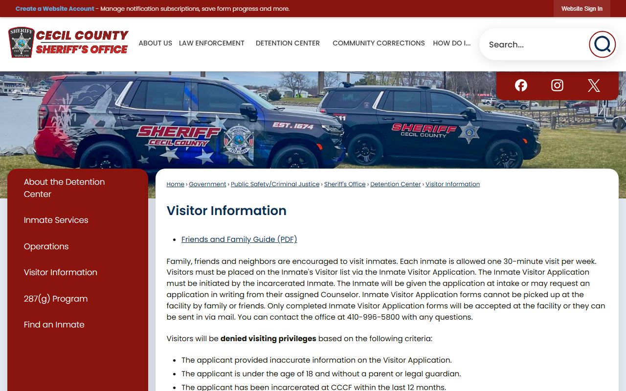 Cecil County inmate records Detention Center visitor information source