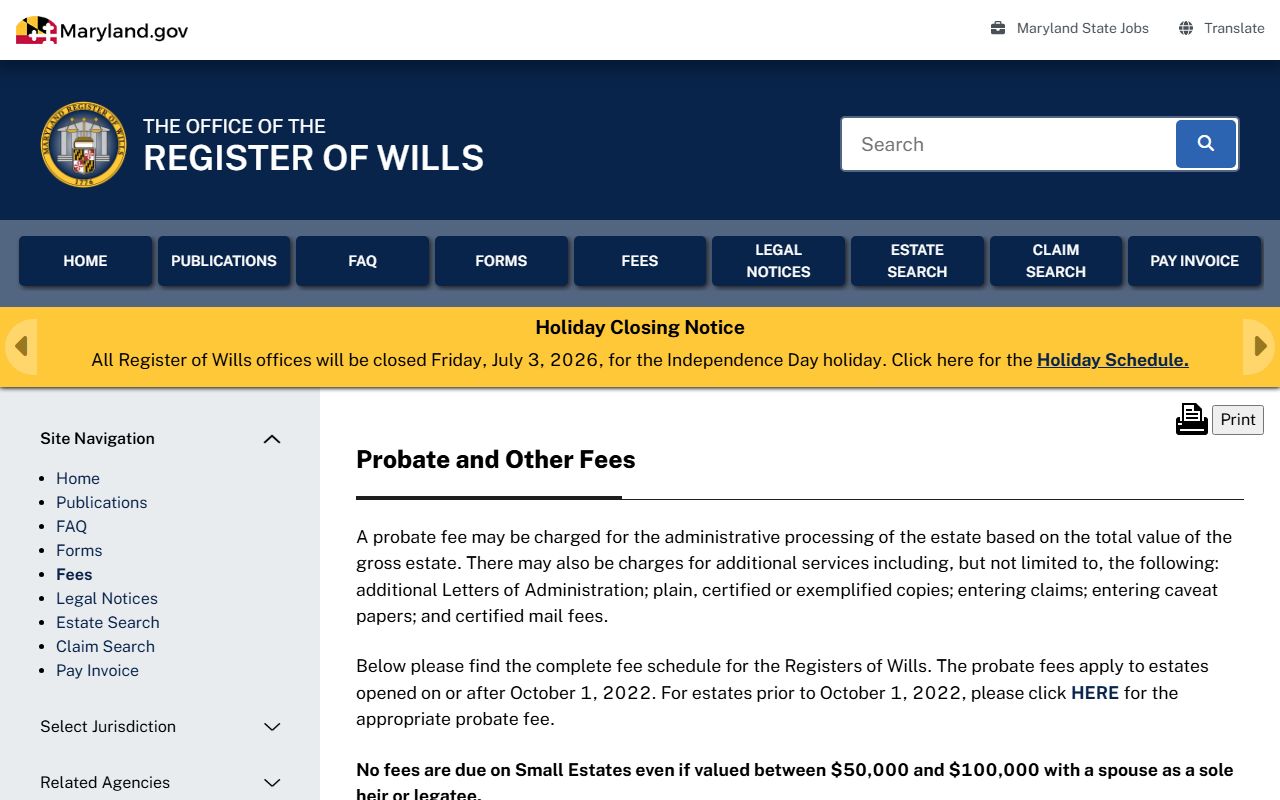 Cecil County probate records fee schedule