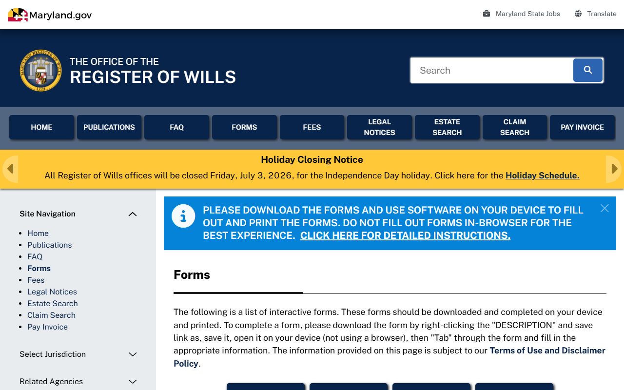 Cecil County probate records Register of Wills forms