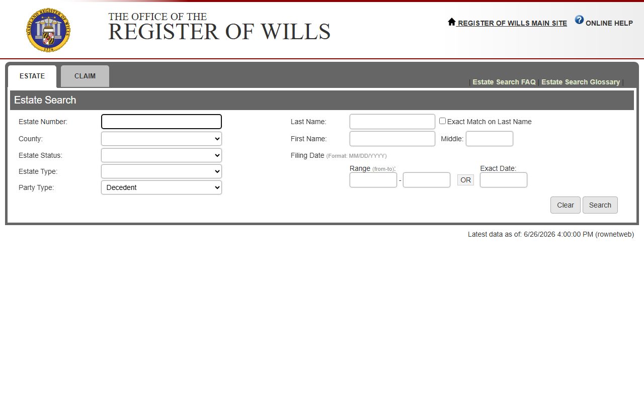 Cecil County probate records Estate Search form