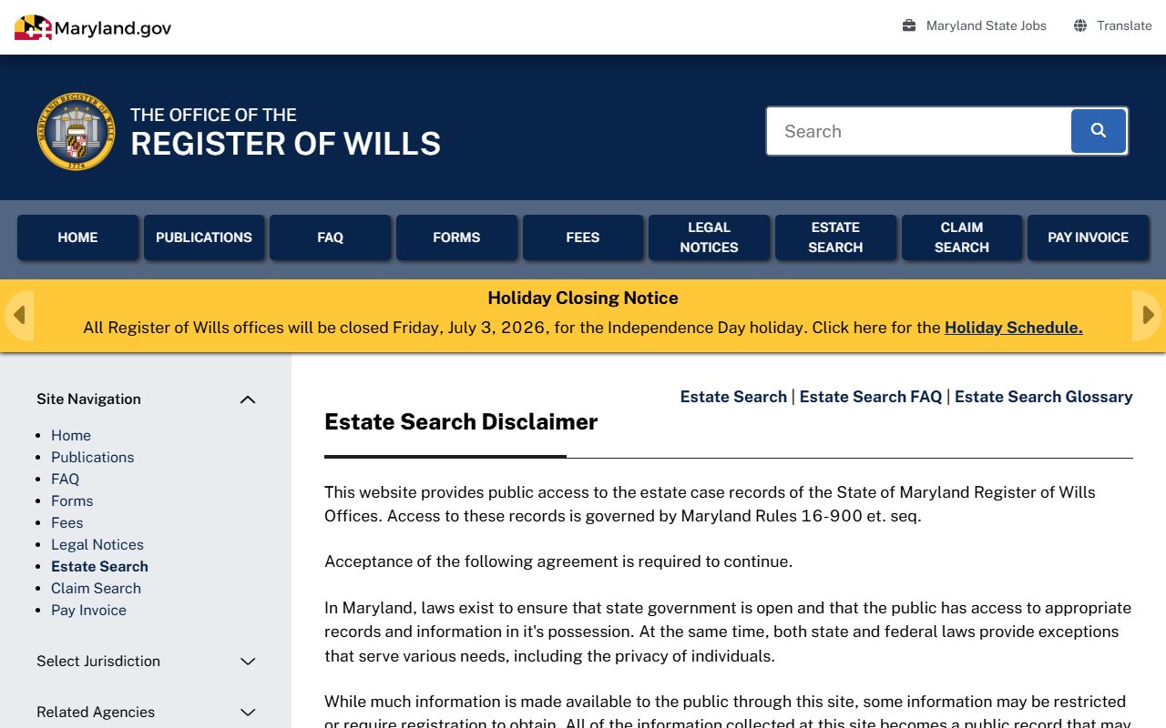 Cecil County probate records Estate Search disclaimer