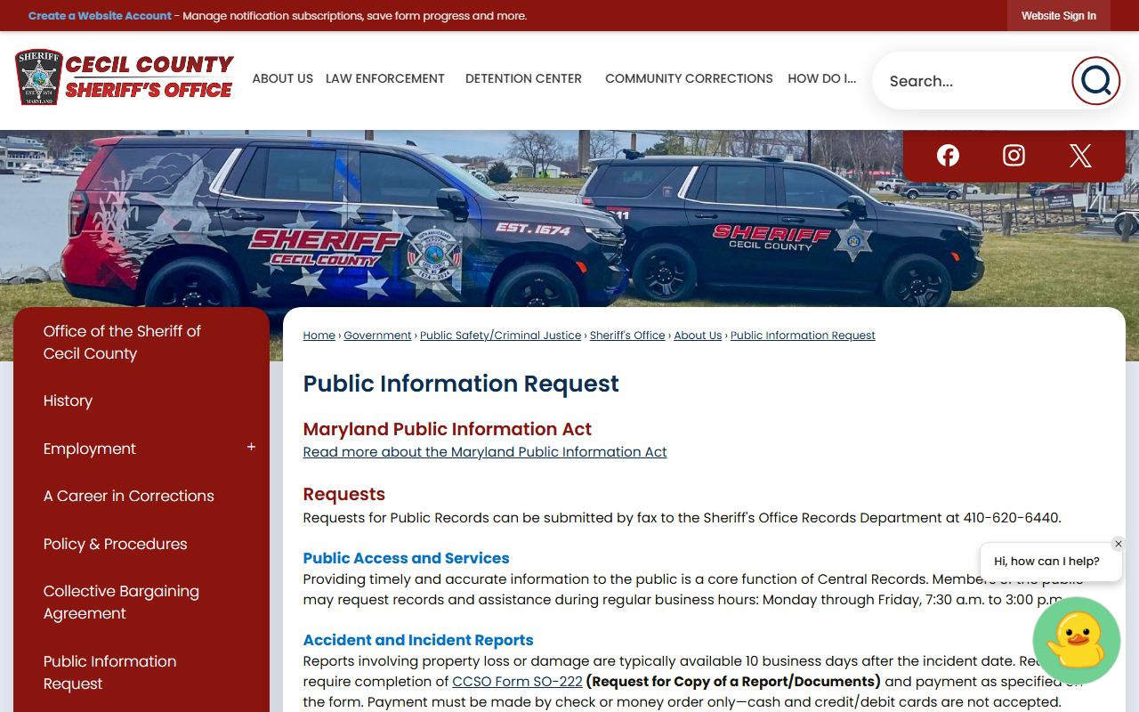 Cecil County warrant records Sheriff's public information request source